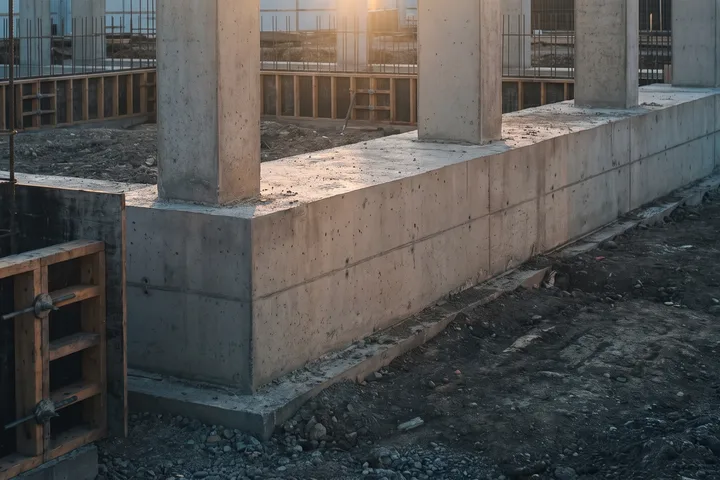 Cimentación de concreto con columnas recién coladas y cimbra de madera sobre el terreno