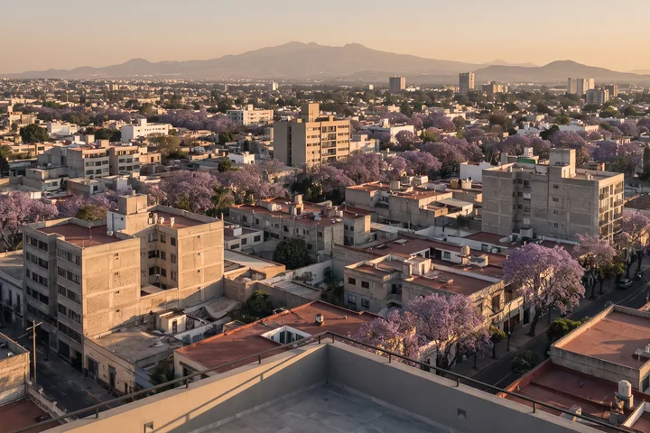 Guadalajara al atardecer vista desde lo alto, con jacarandas en flor entre las casas y los edificios y la sierra al fondo